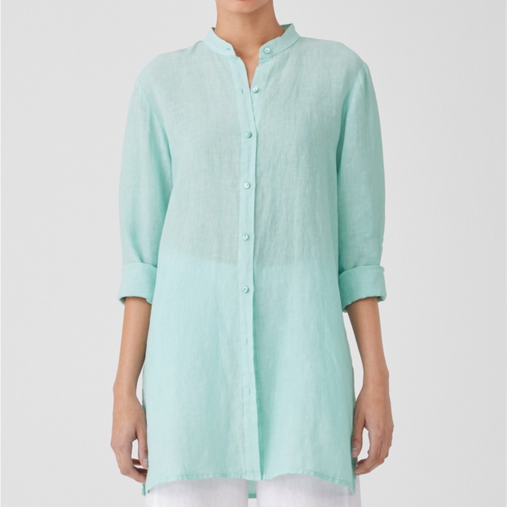 Eileen Fisher Light Blue Green Linen Button Down Shirt